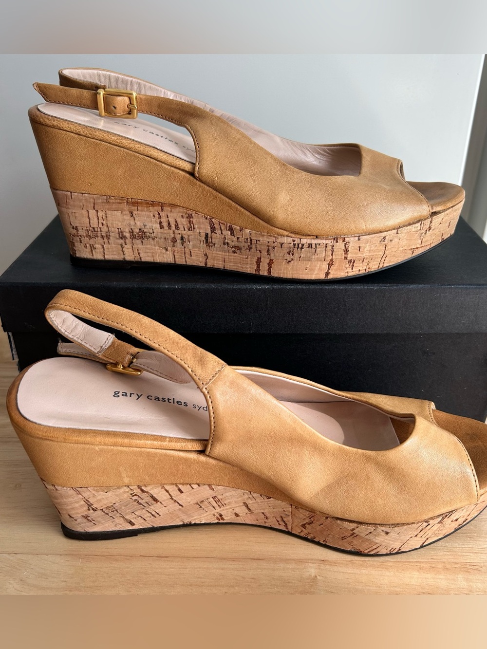 Gary Castles Sydney Tan Cork Wedge Slingback Sandals with Peep Toe, size 8.5